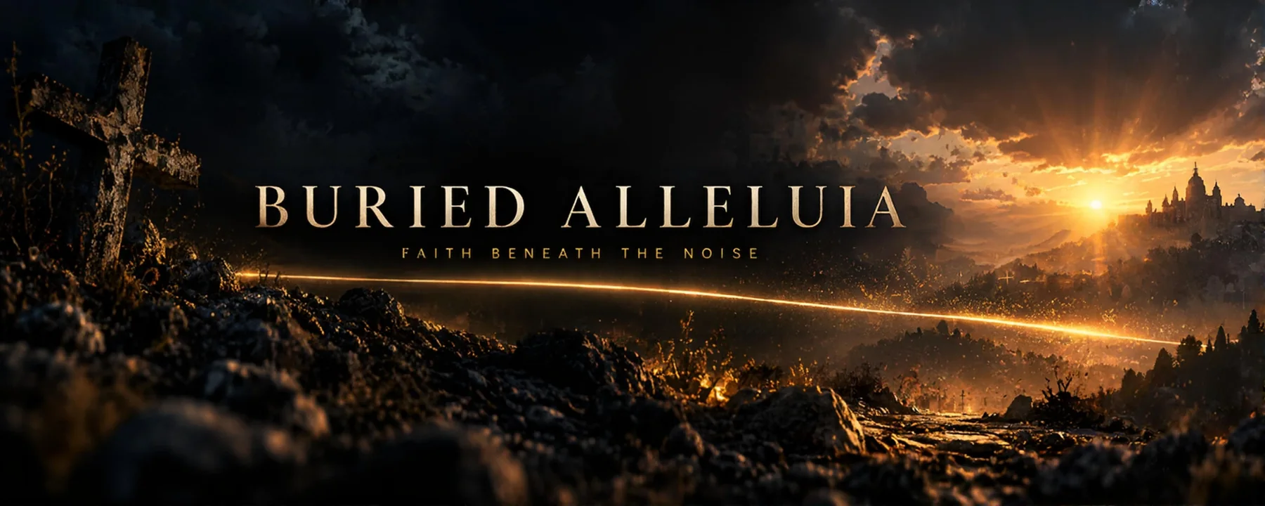 Dark landscape with a cross, golden light, and the Buried Alleluia name